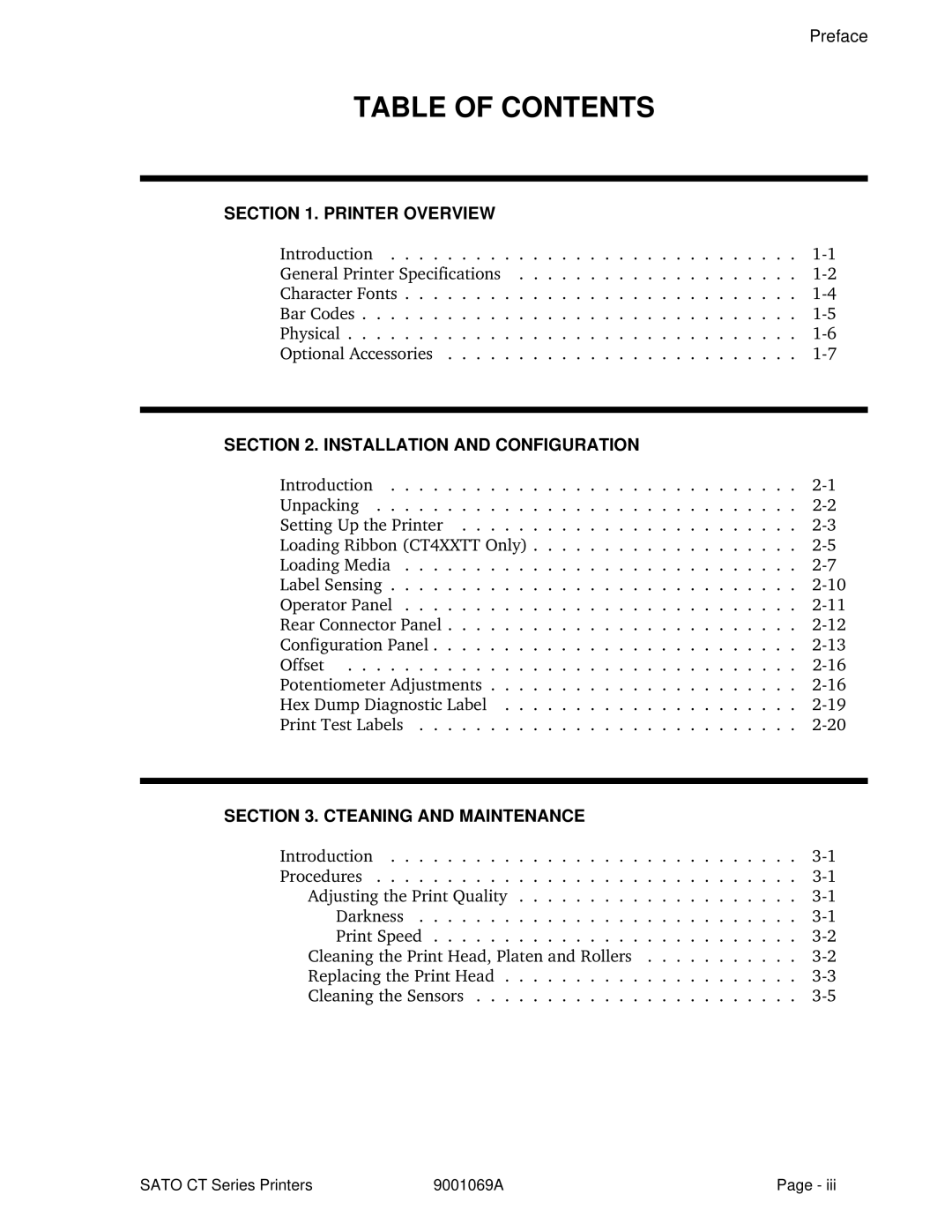 SATO CT400, CT410 manual Table of Contents 