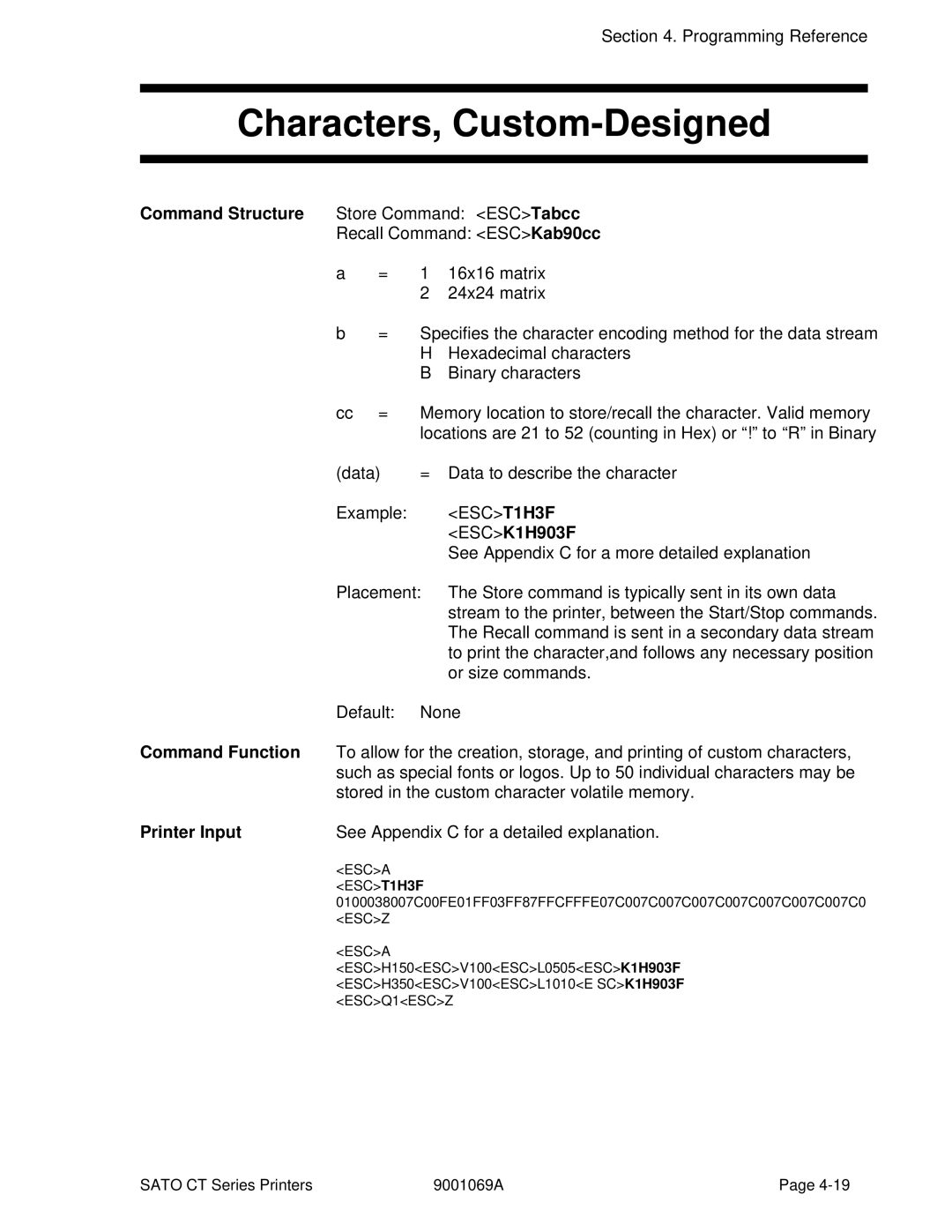 SATO CT400, CT410 manual Characters, Custom-Designed, Command Structure Store Command ESCTabcc, ESCK1H903F, Printer Input 