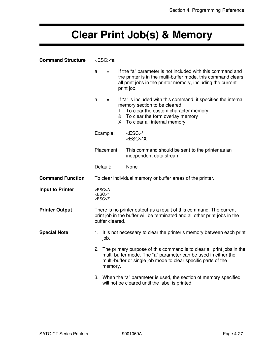 SATO CT400, CT410 manual Clear Print Jobs & Memory, Command Structure ESC*a, Special Note 