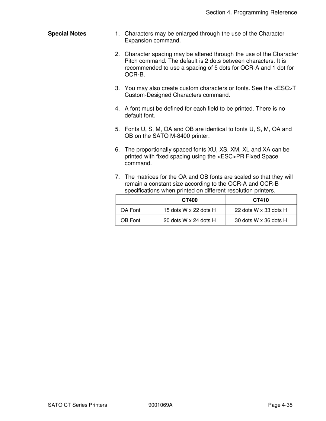 SATO CT400, CT410 manual Characters may be enlarged through the use of the Character 