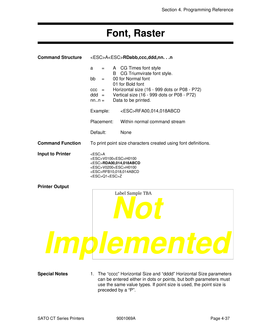 SATO CT400, CT410 manual Font, Raster, Command Structure ESCAESCRDabb,ccc,ddd,nn. . .n 