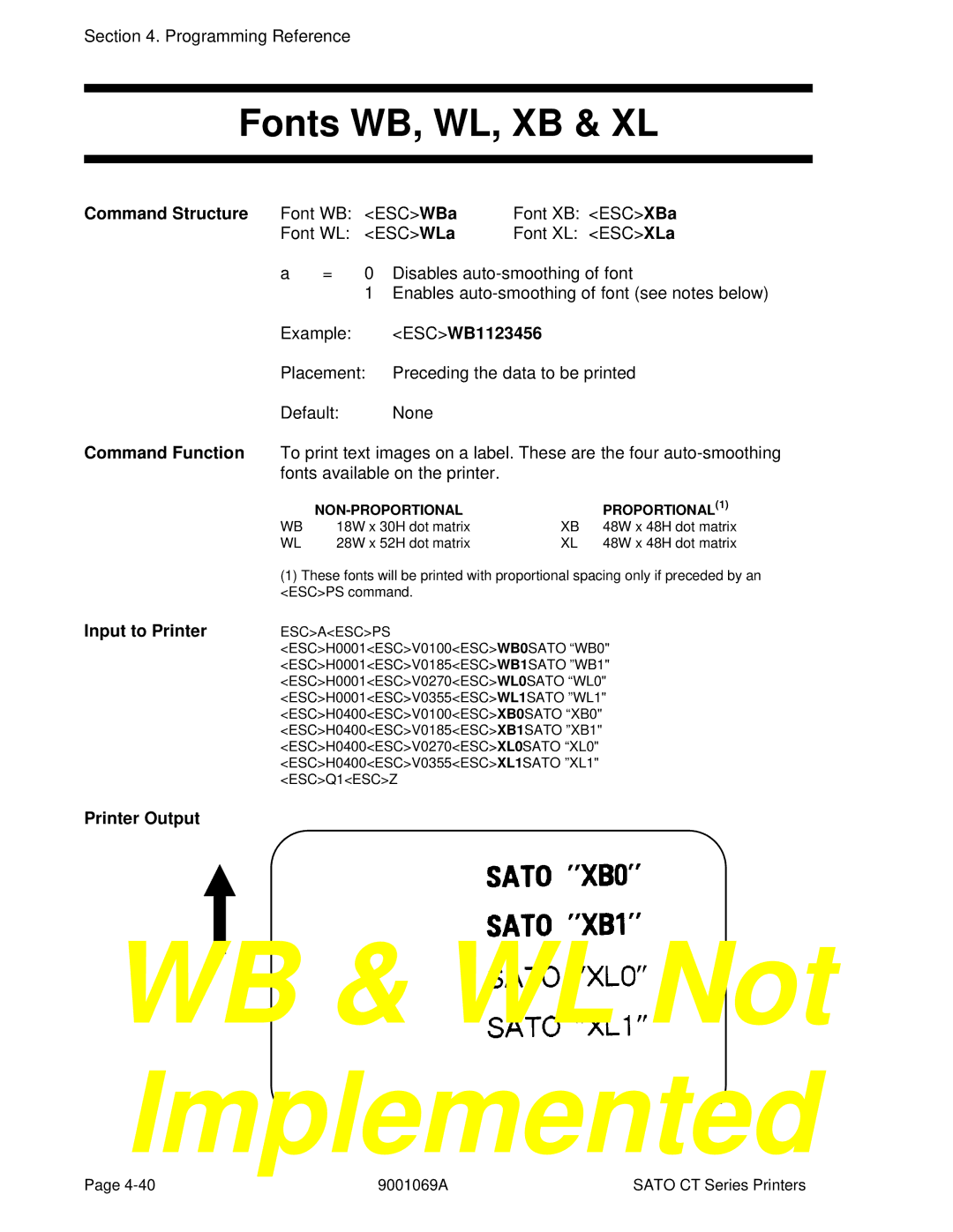 SATO CT410, CT400 manual Fonts WB, WL, XB & XL, Command Structure Font WB, ESCWB1123456 