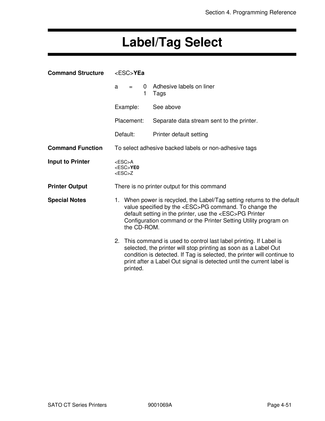 SATO CT400, CT410 manual Label/Tag Select, Command Structure ESCYEa 