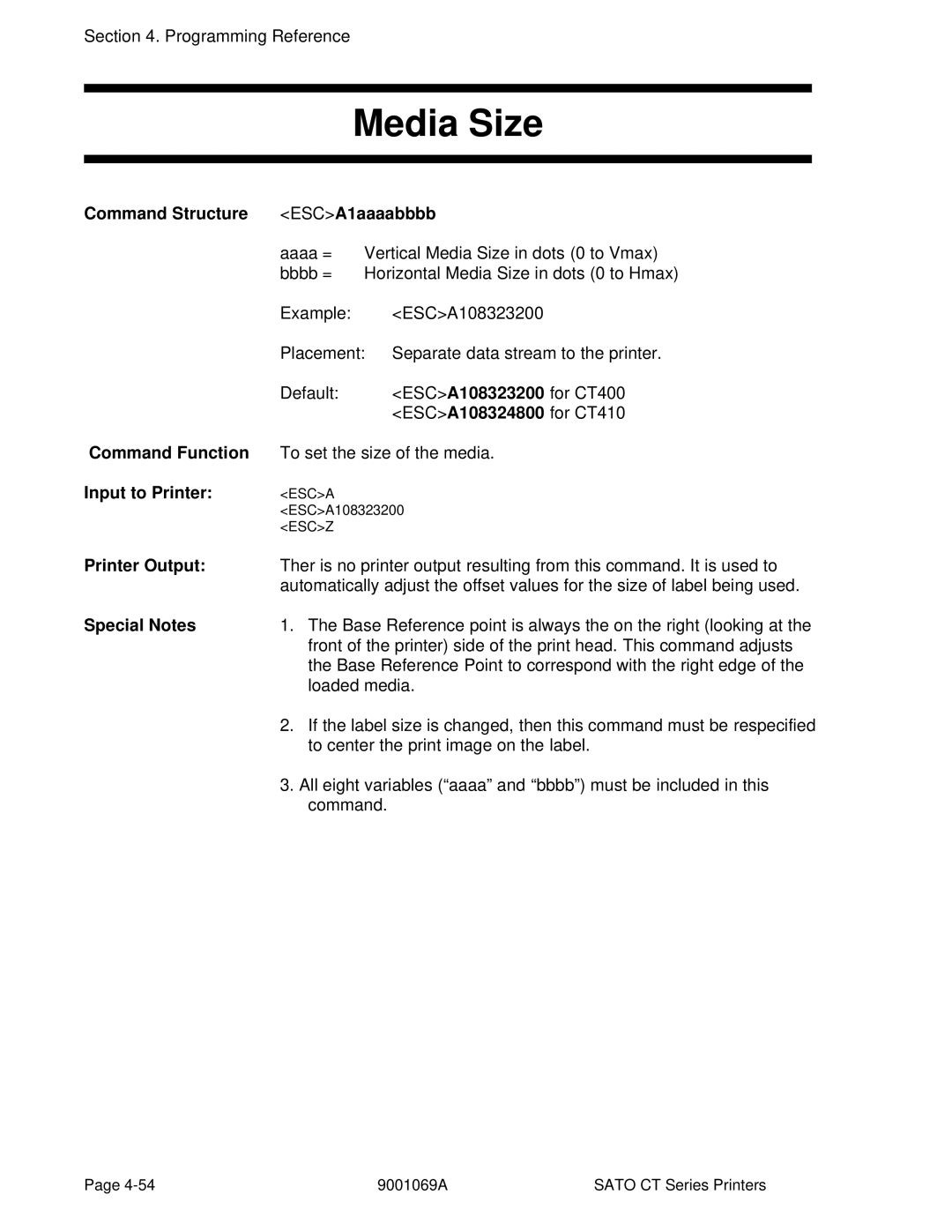 SATO CT410, CT400 manual Media Size, Command Structure ESCA1aaaabbbb 