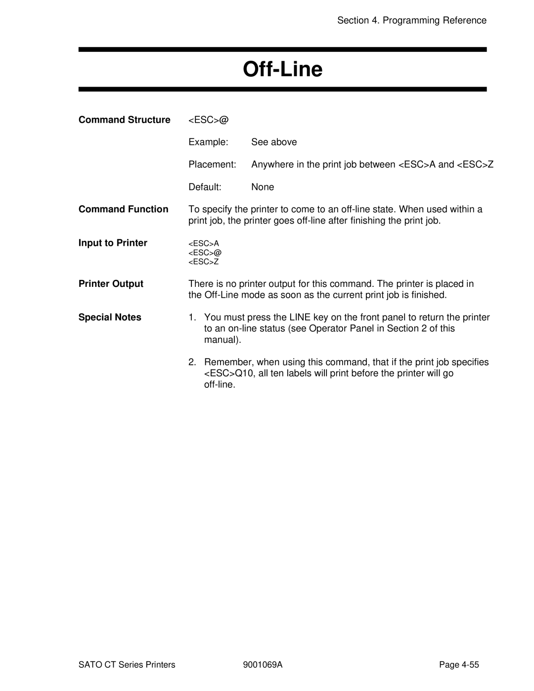 SATO CT400, CT410 manual Off-Line, Command Structure 