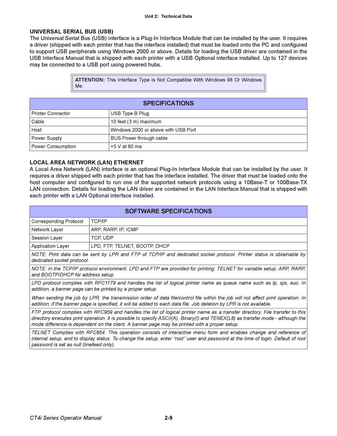 SATO ct4i manual Software Specifications, Universal Serial BUS USB 