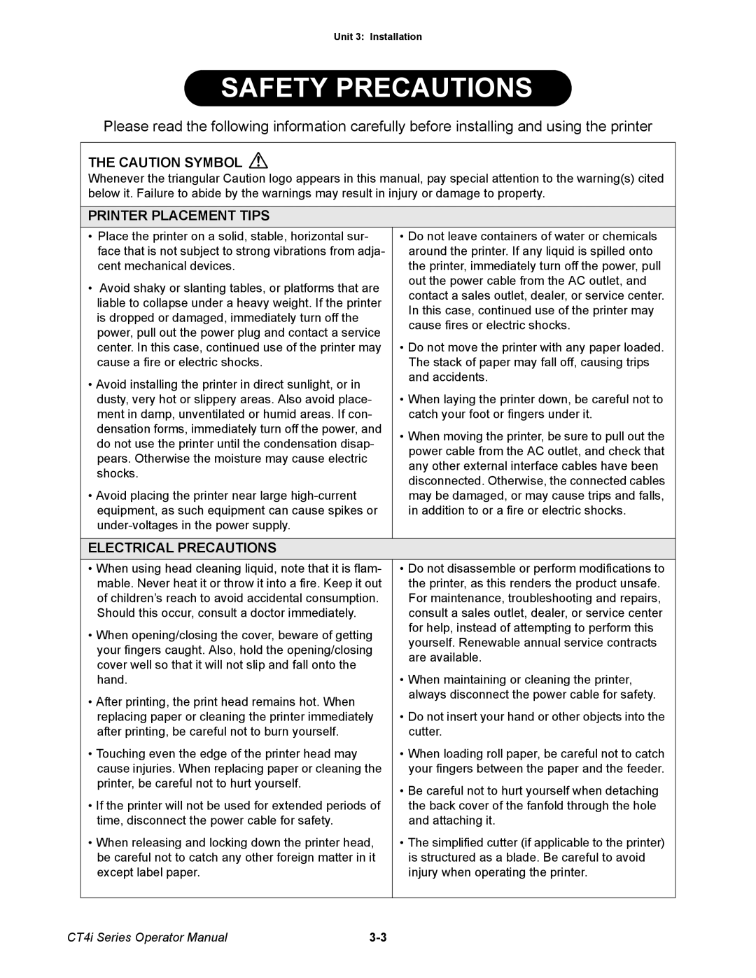 SATO ct4i manual Printer Placement Tips, Electrical Precautions 