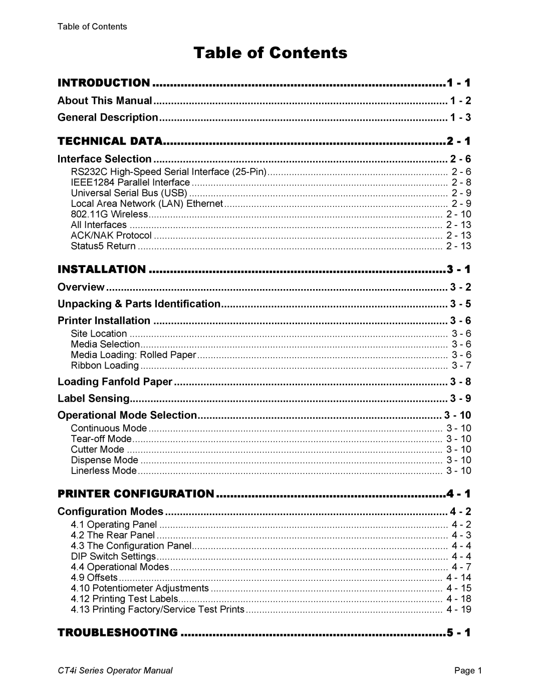 SATO ct4i manual Table of Contents 