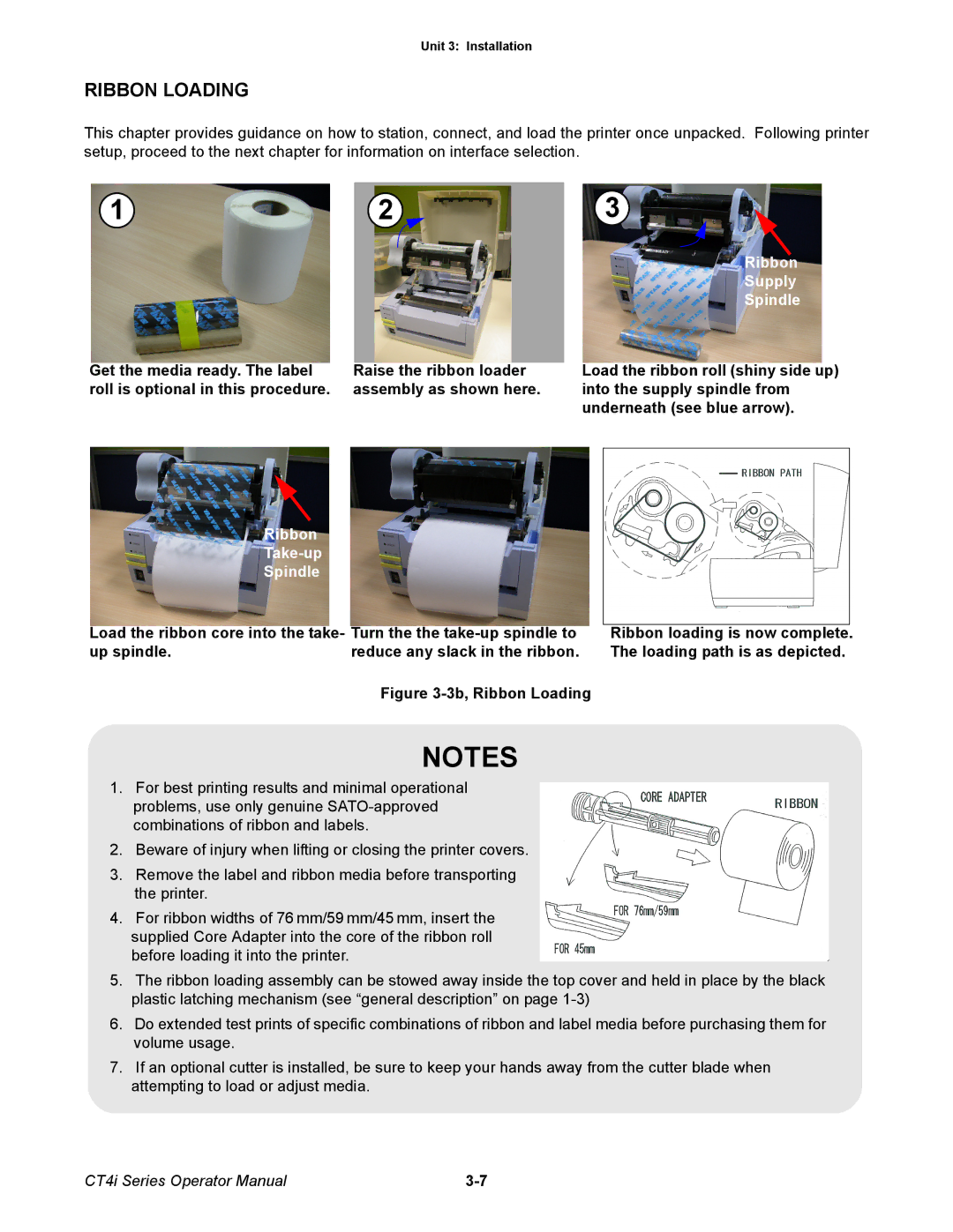 SATO ct4i manual Ribbon Loading, Ribbon Take-up Spindle 