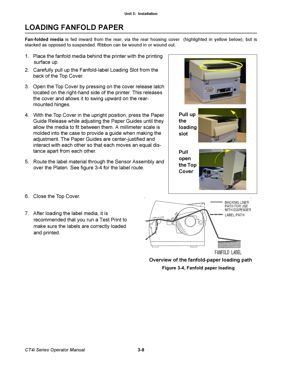 SATO ct4i manual Loading Fanfold Paper, Fanfold paper loading 