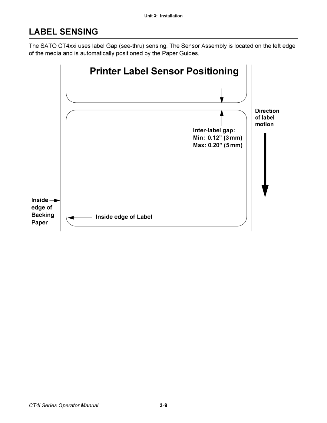 SATO ct4i manual Printer Label Sensor Positioning, Label Sensing 