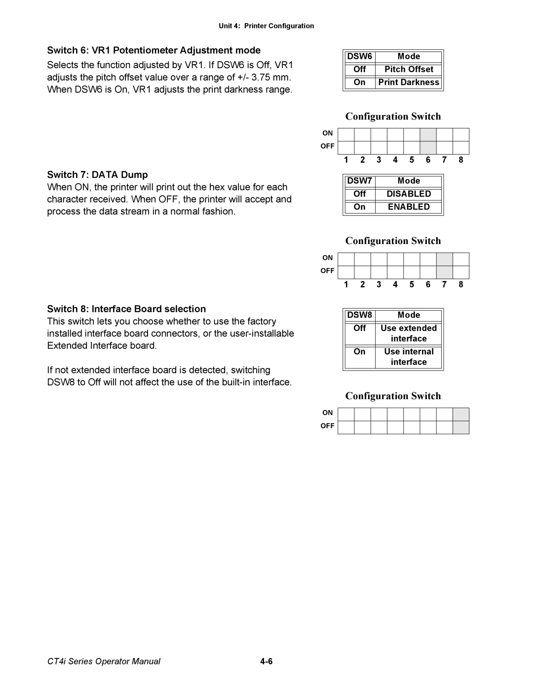 SATO ct4i manual Switch 6 VR1 Potentiometer Adjustment mode, Switch 7 Data Dump, Switch 8 Interface Board selection 