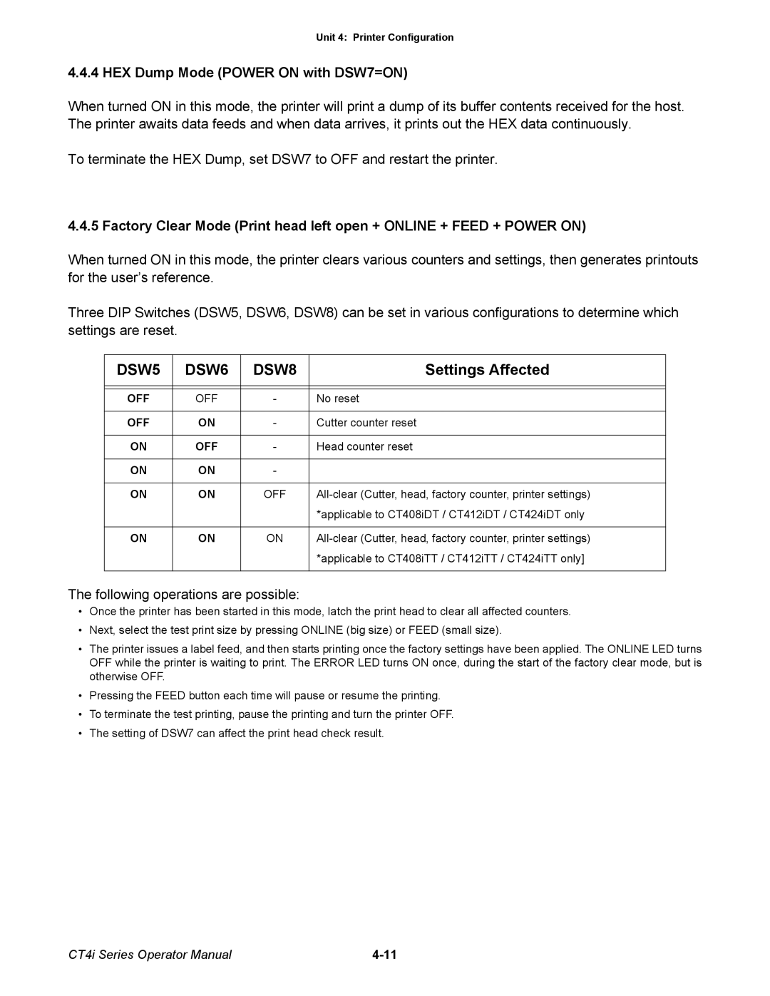 SATO ct4i manual DSW5 DSW6 DSW8, Settings Affected, HEX Dump Mode Power on with DSW7=ON 