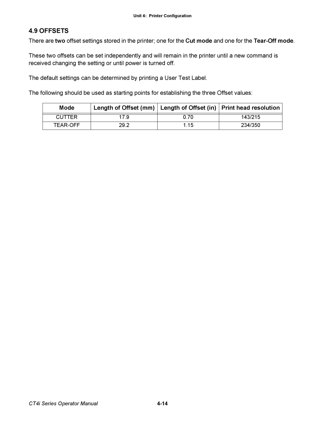 SATO ct4i manual Offsets, Mode Length of Offset mm Print head resolution 