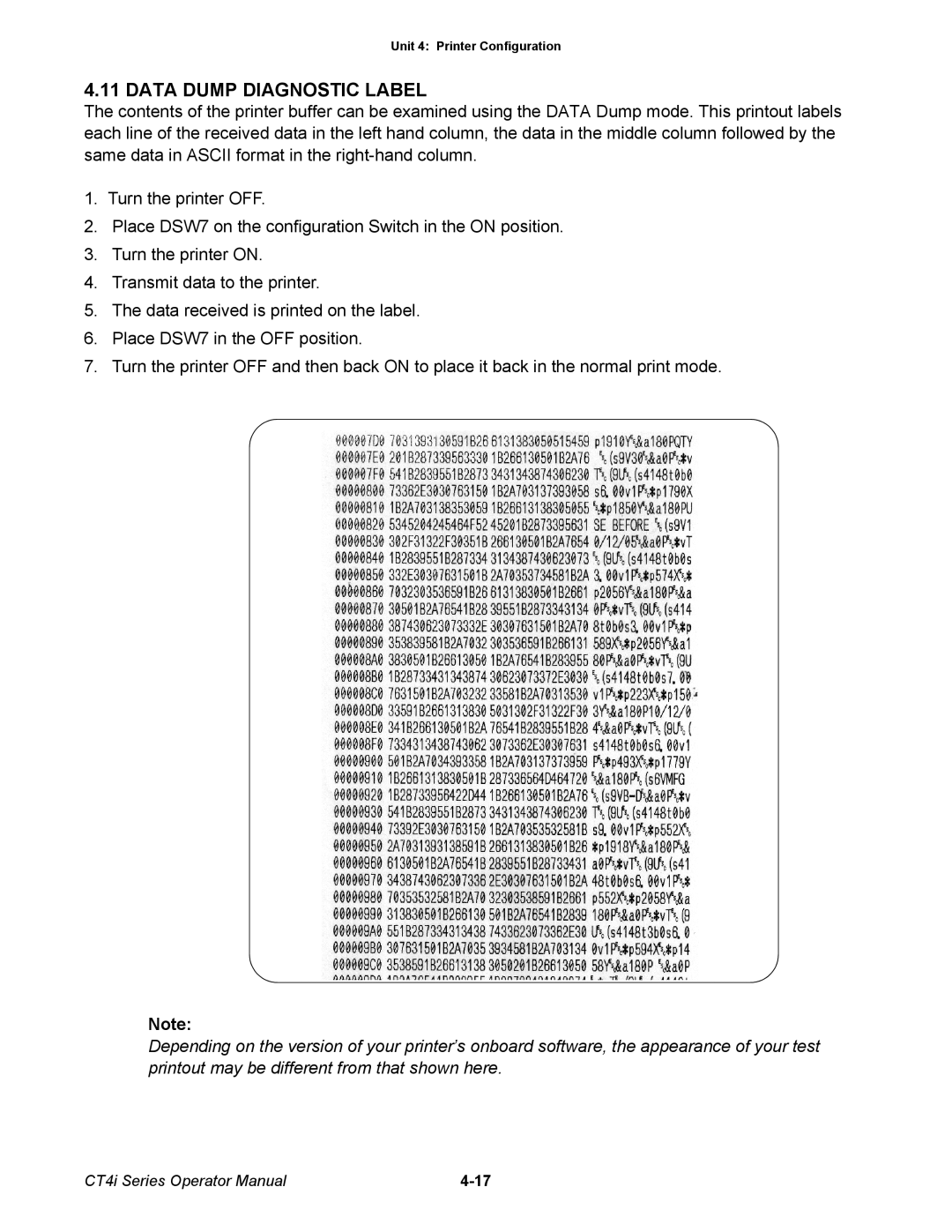 SATO ct4i manual Data Dump Diagnostic Label 