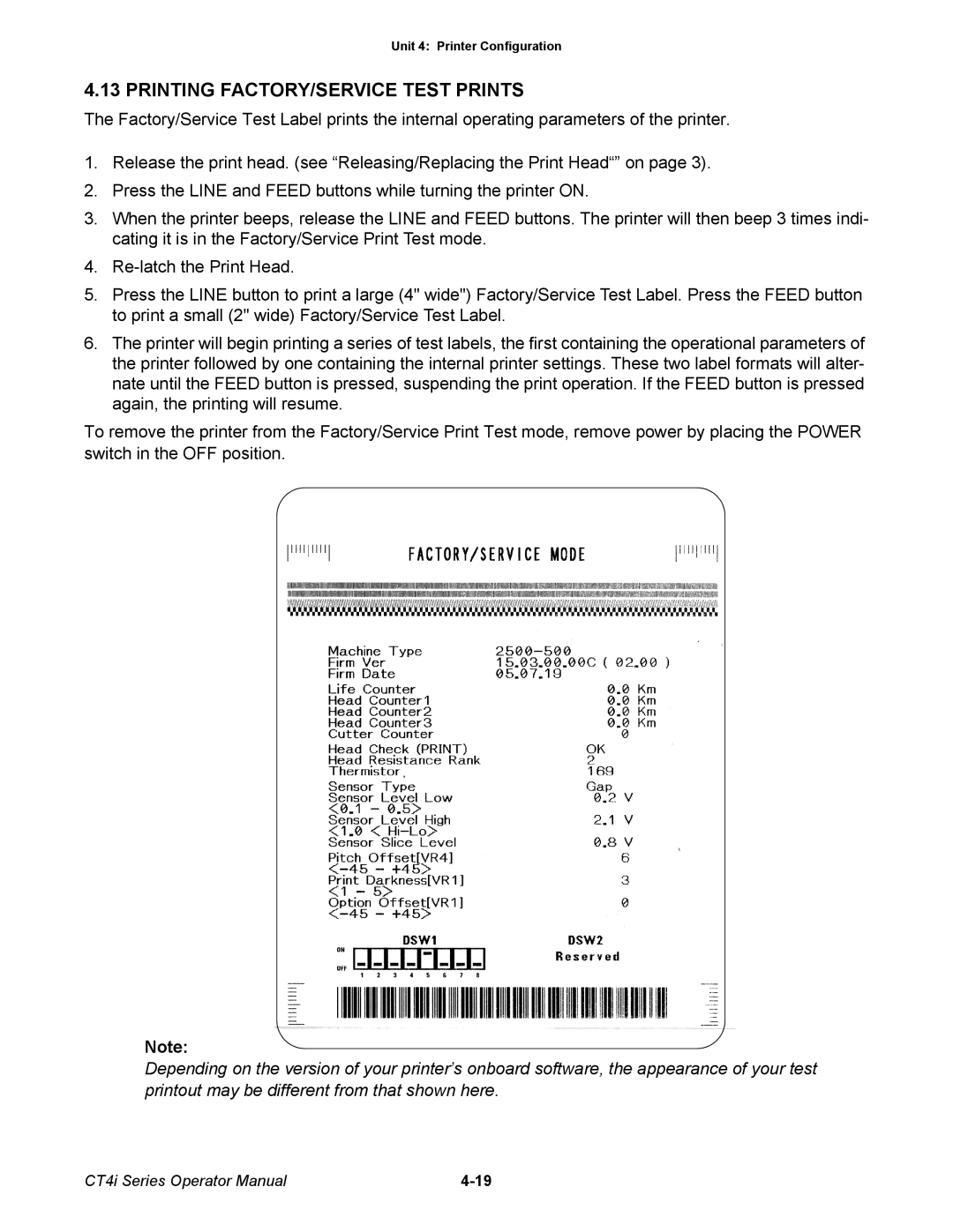 SATO ct4i manual Printing FACTORY/SERVICE Test Prints 