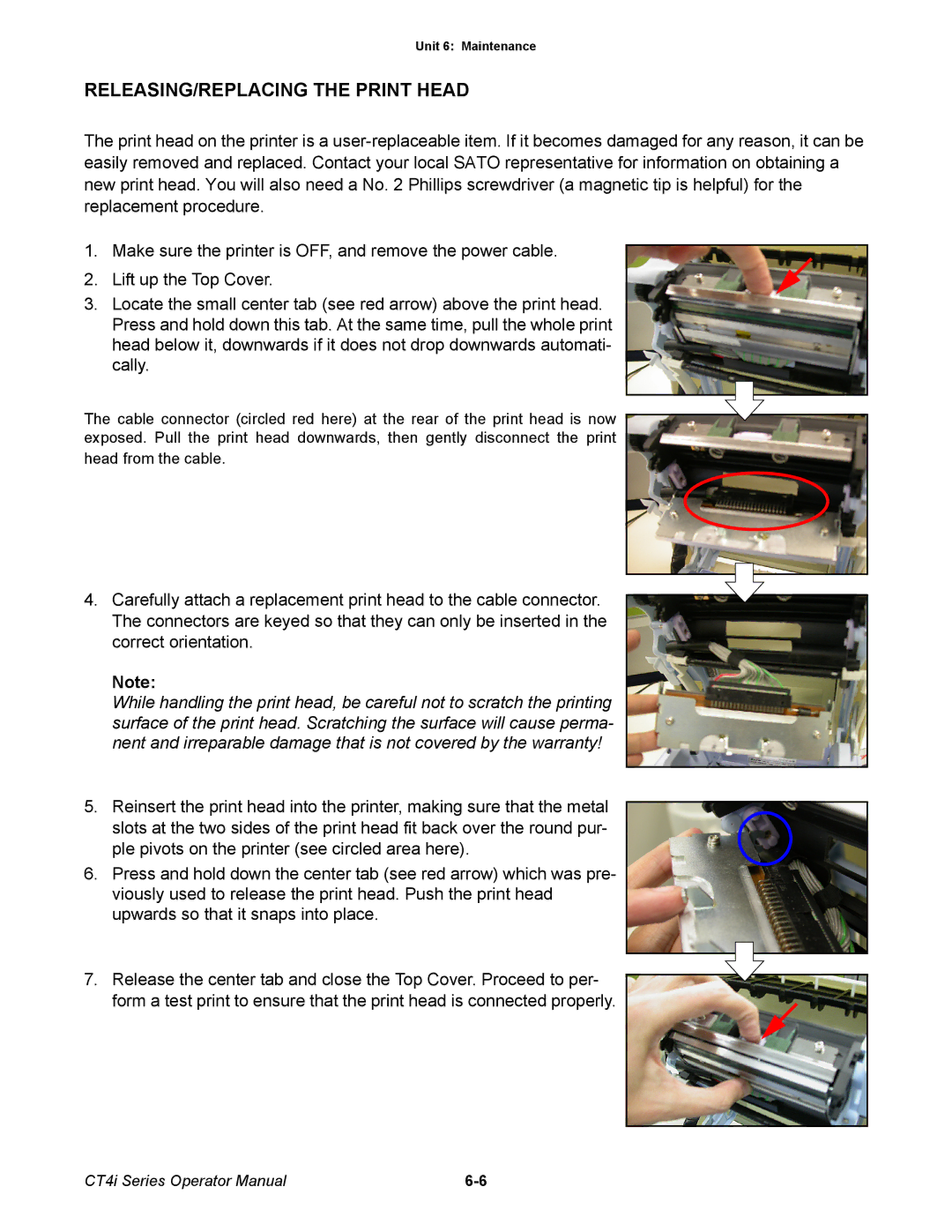 SATO ct4i manual RELEASING/REPLACING the Print Head 