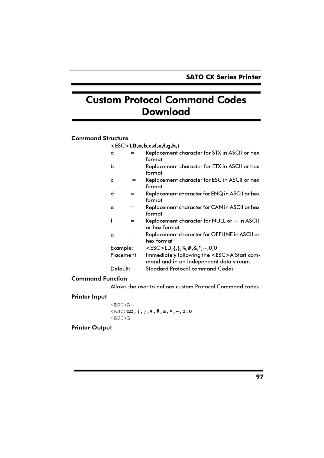 SATO CX Series manual Custom Protocol Command Codes Download, ESCLD,a,b,c,d,e,f,g,h,i 