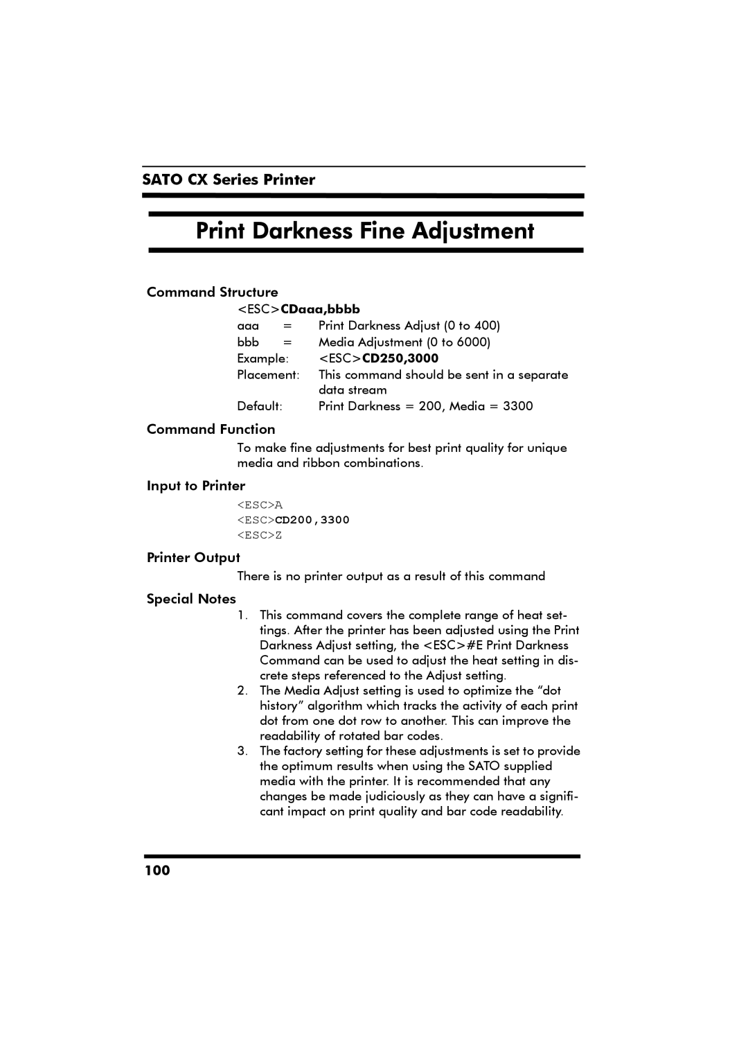 SATO CX Series manual Print Darkness Fine Adjustment, ESCCDaaa,bbbb 