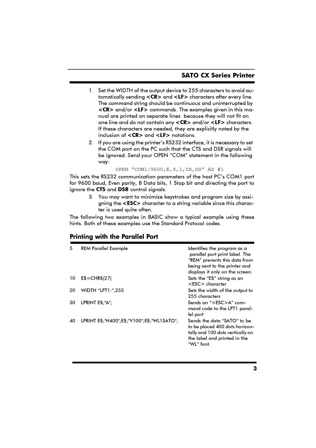 SATO CX Series manual Printing with the Parallel Port 