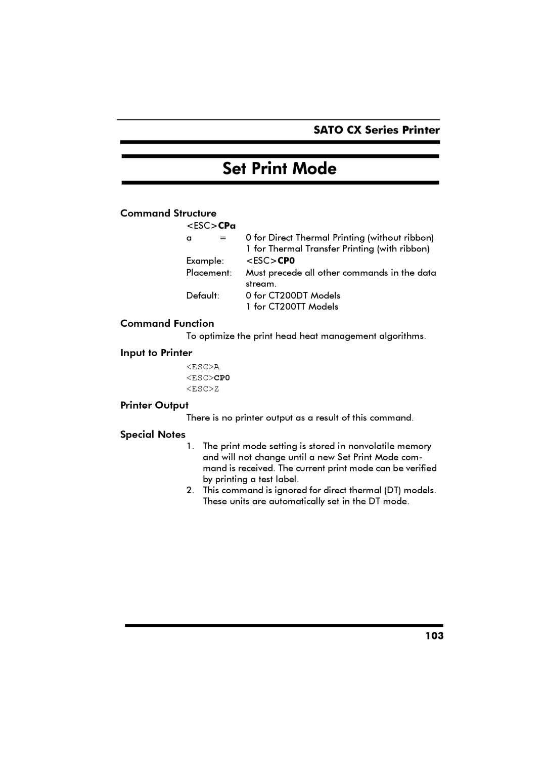 SATO CX Series manual Set Print Mode, ESC CP0 