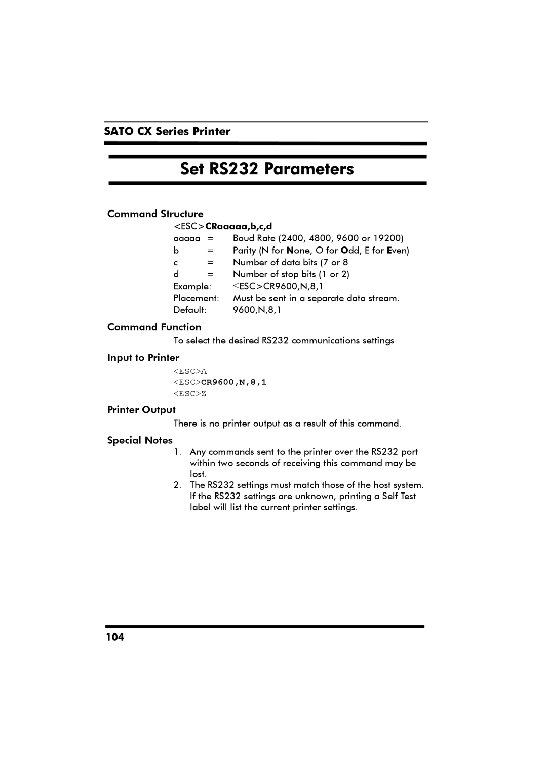 SATO CX Series manual Set RS232 Parameters, ESCCRaaaaa,b,c,d 