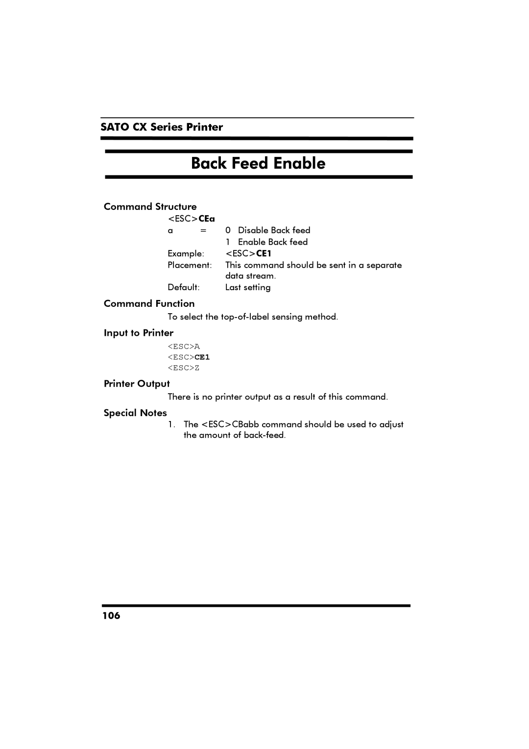SATO CX Series manual Back Feed Enable 
