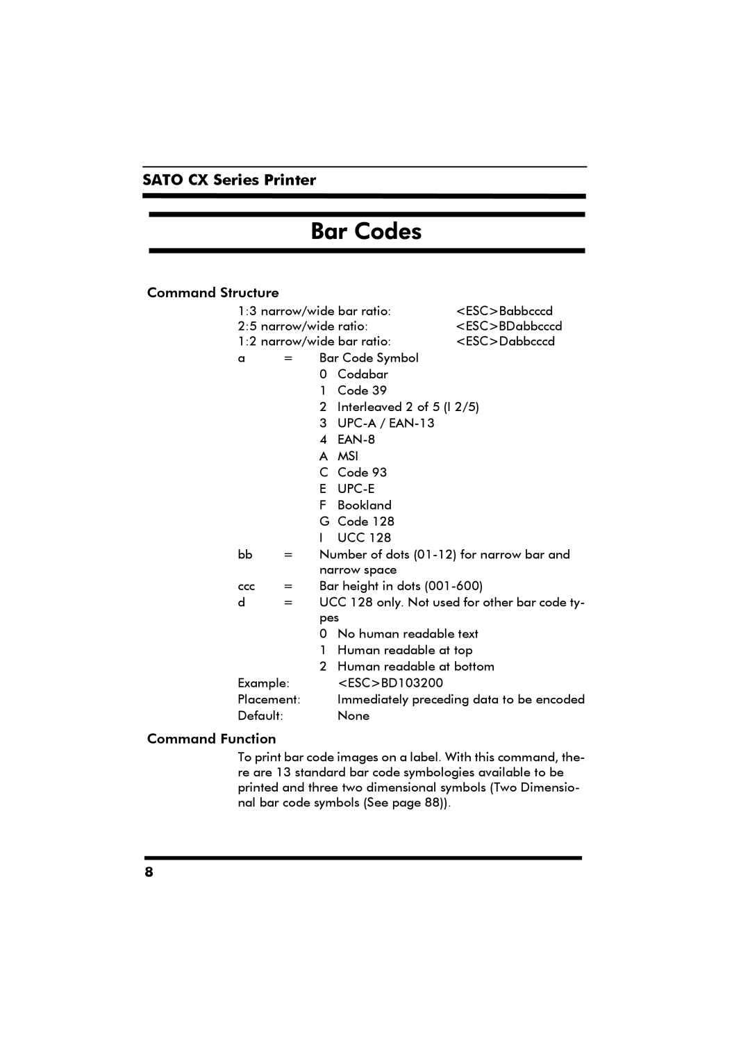 SATO CX Series manual Bar Codes, Command Structure 