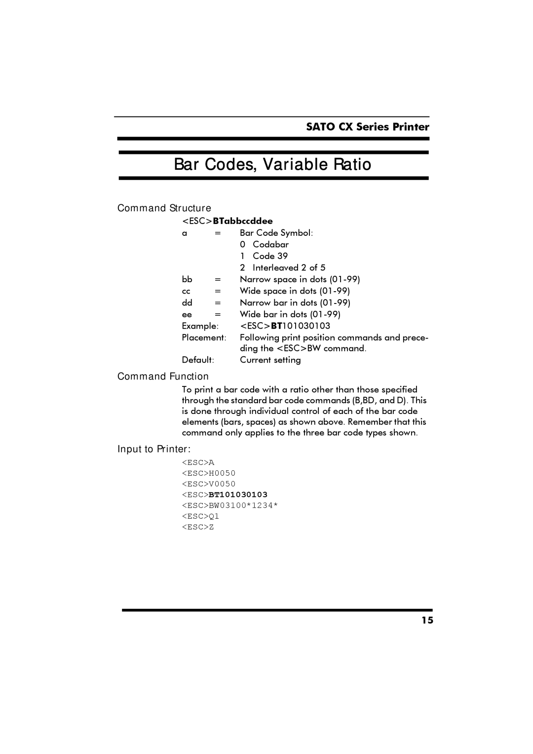 SATO CX Series manual Bar Codes, Variable Ratio, ESCBTabbccddee 