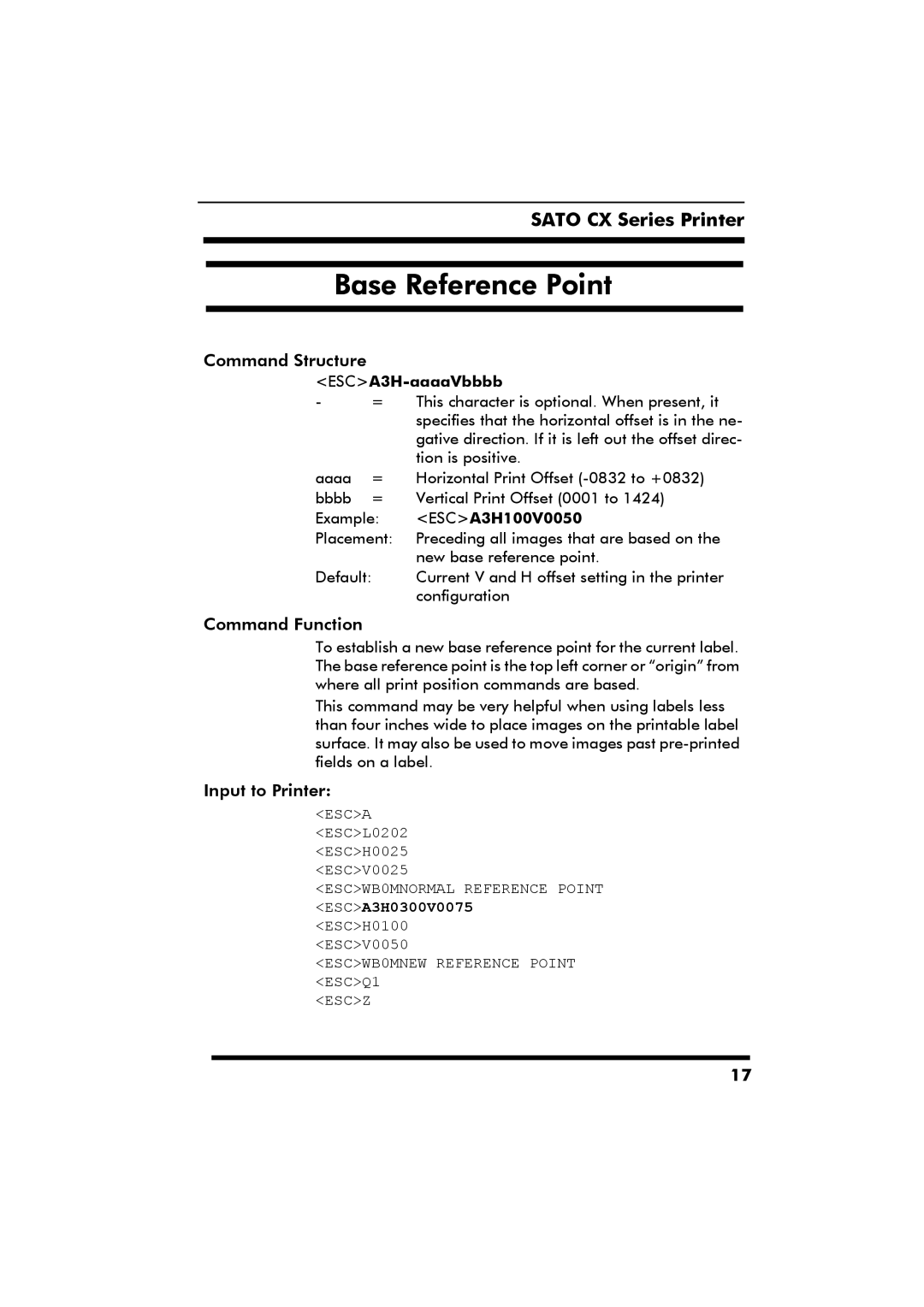 SATO CX Series manual Base Reference Point, ESCA3H-aaaaVbbbb 