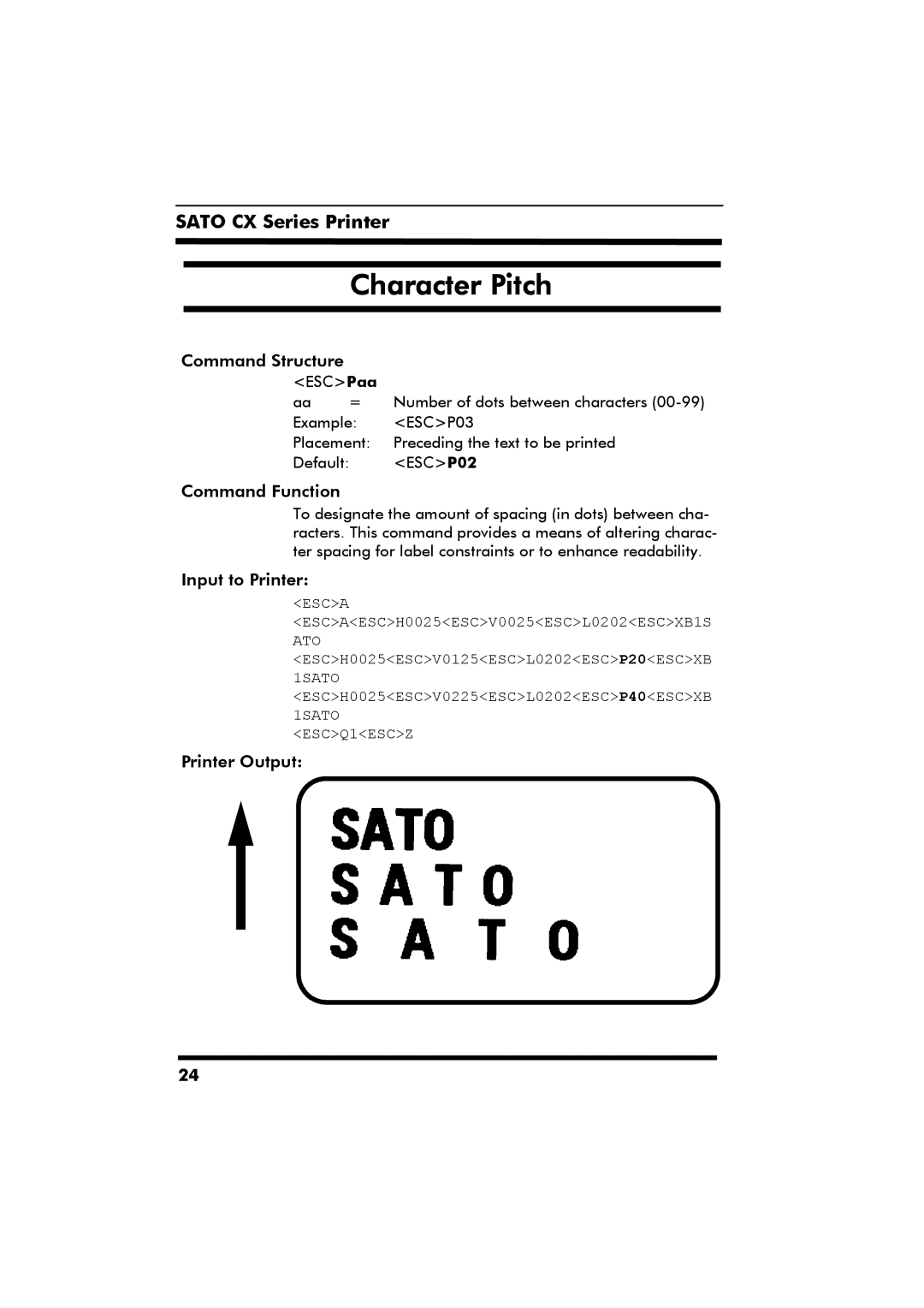 SATO CX Series manual Character Pitch 