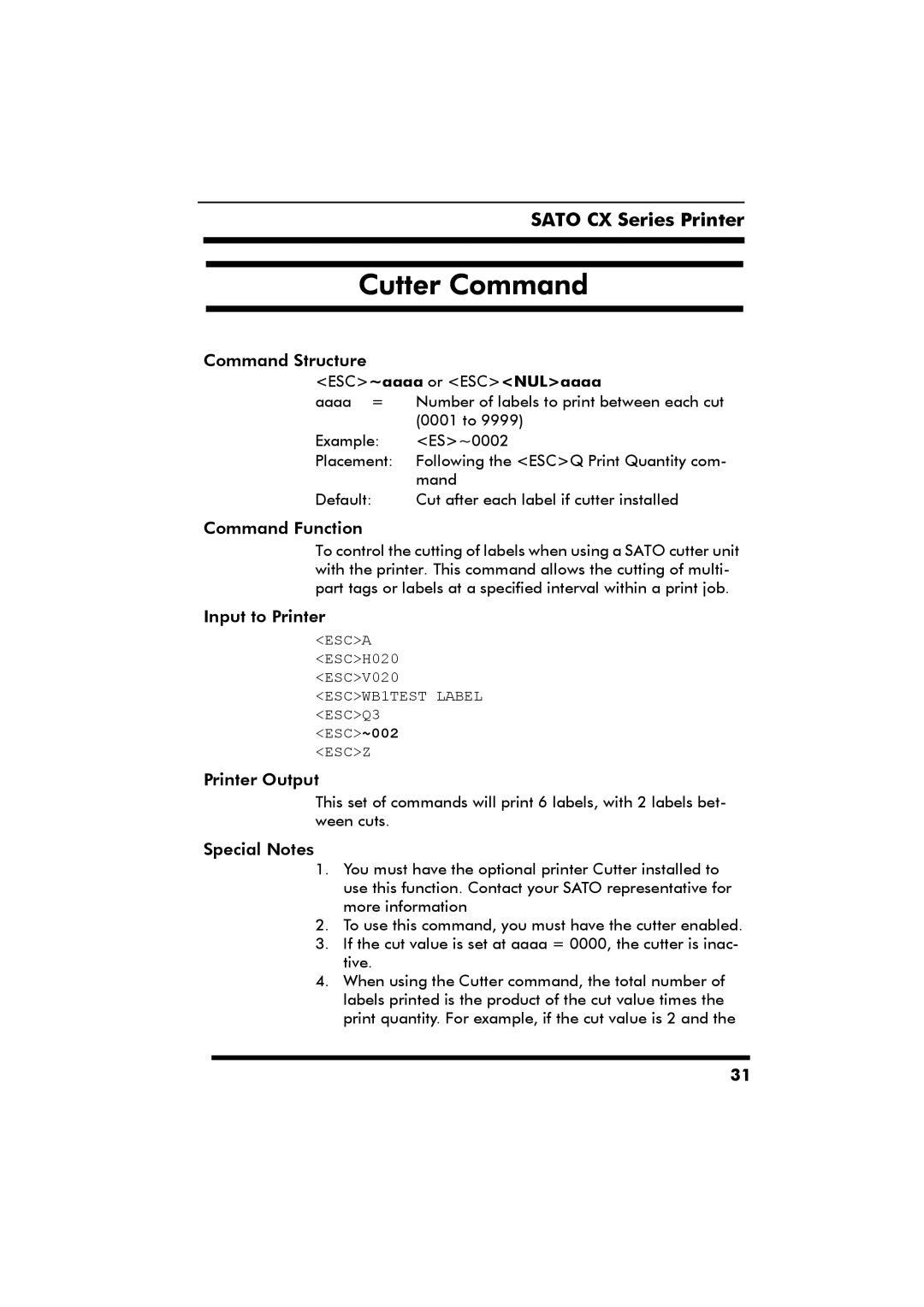 SATO CX Series manual Cutter Command, ESC~aaaa or ESCNULaaaa 