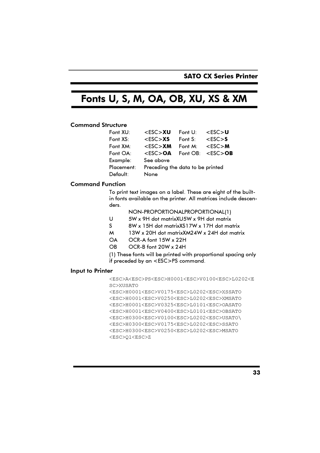 SATO CX Series manual Fonts U, S, M, OA, OB, XU, XS & XM, NON-PROPORTIONALPROPORTIONAL1 