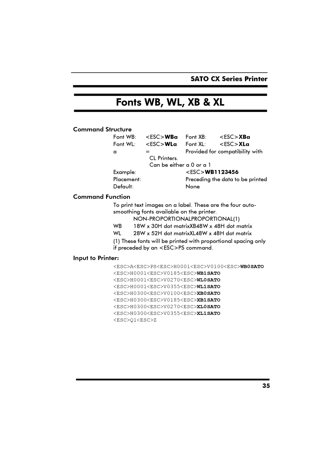 SATO CX Series manual Fonts WB, WL, XB & XL, ESCWB1123456 