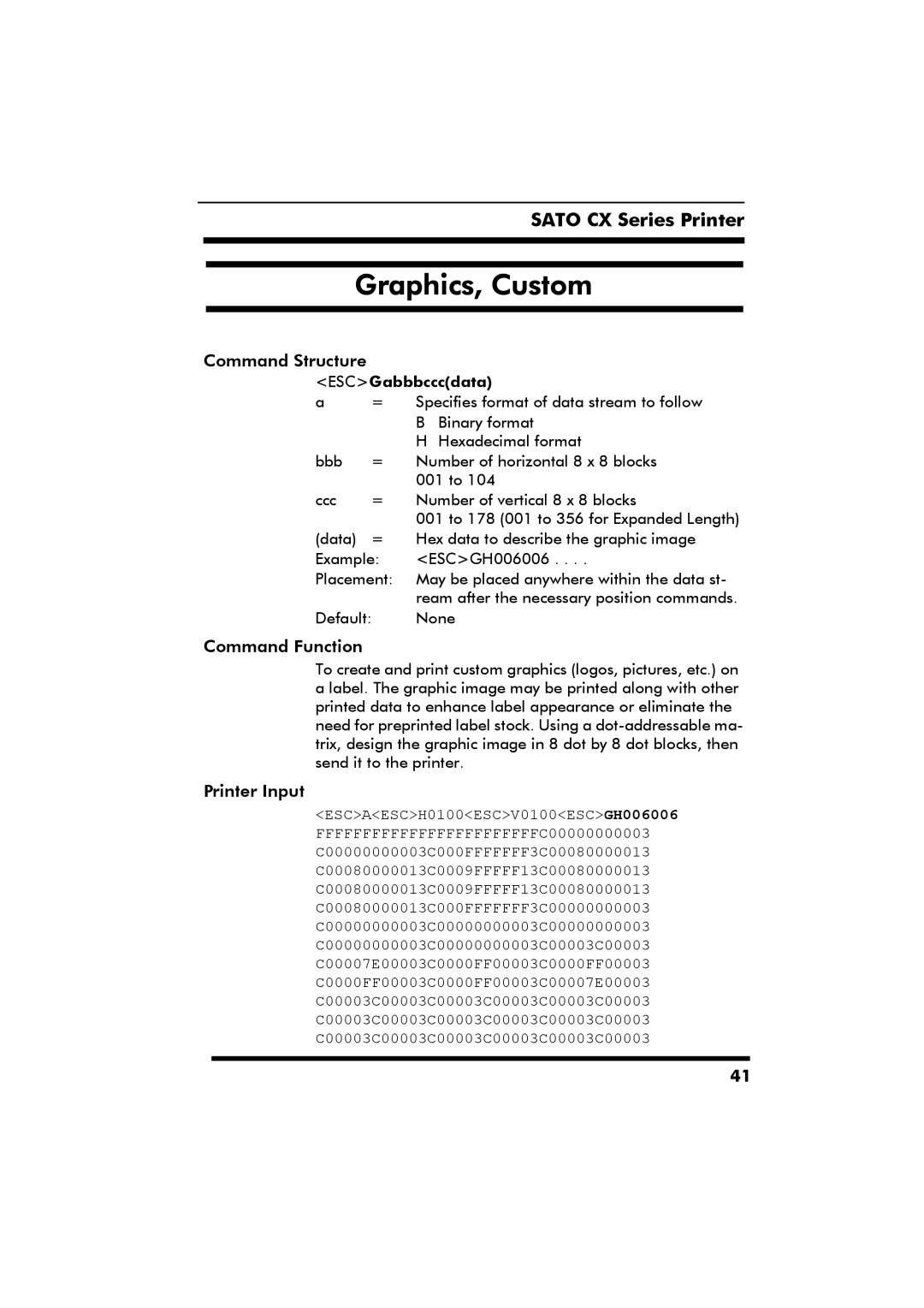 SATO CX Series manual Graphics, Custom, ESCGabbbcccdata 