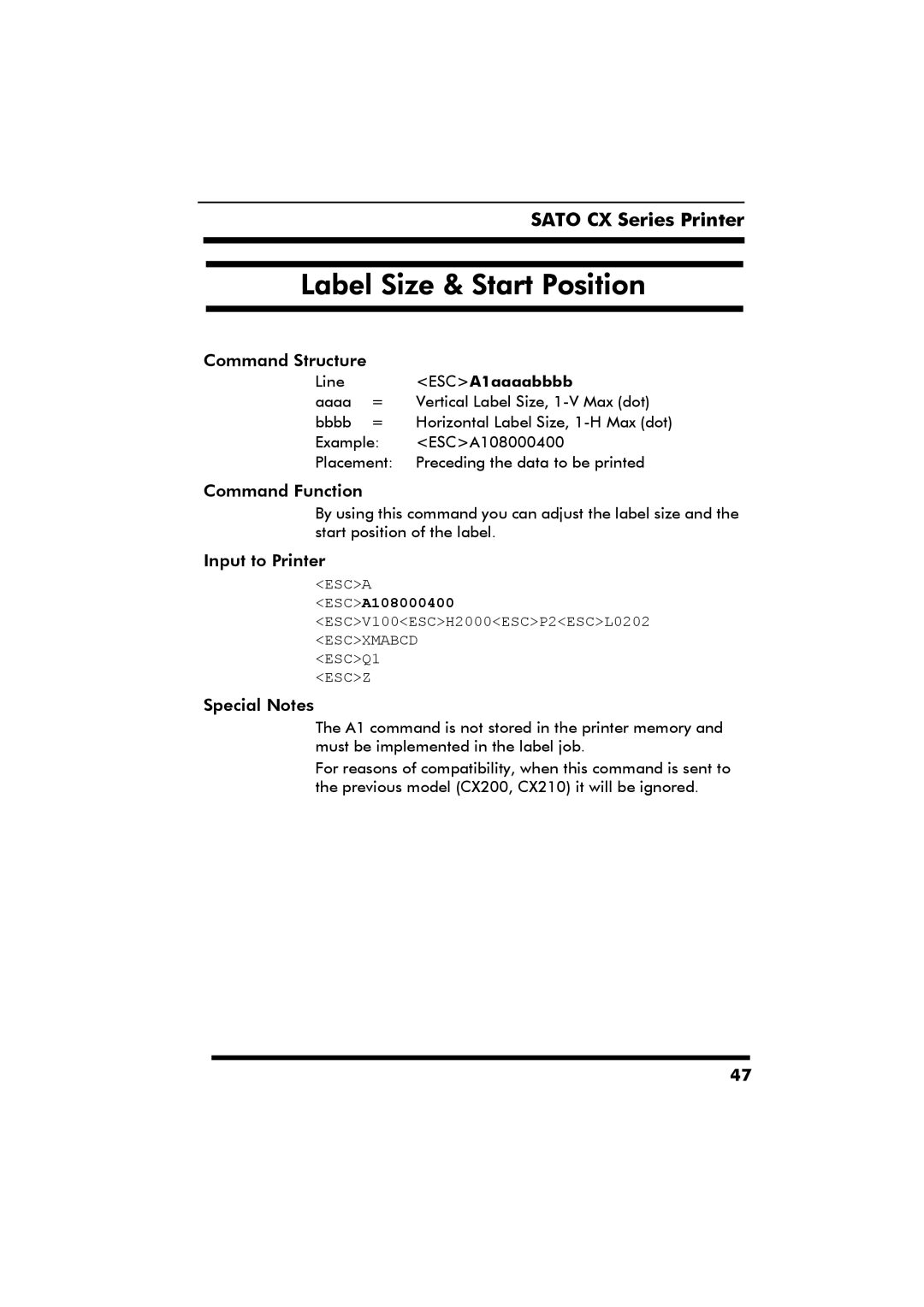 SATO CX Series manual Label Size & Start Position 