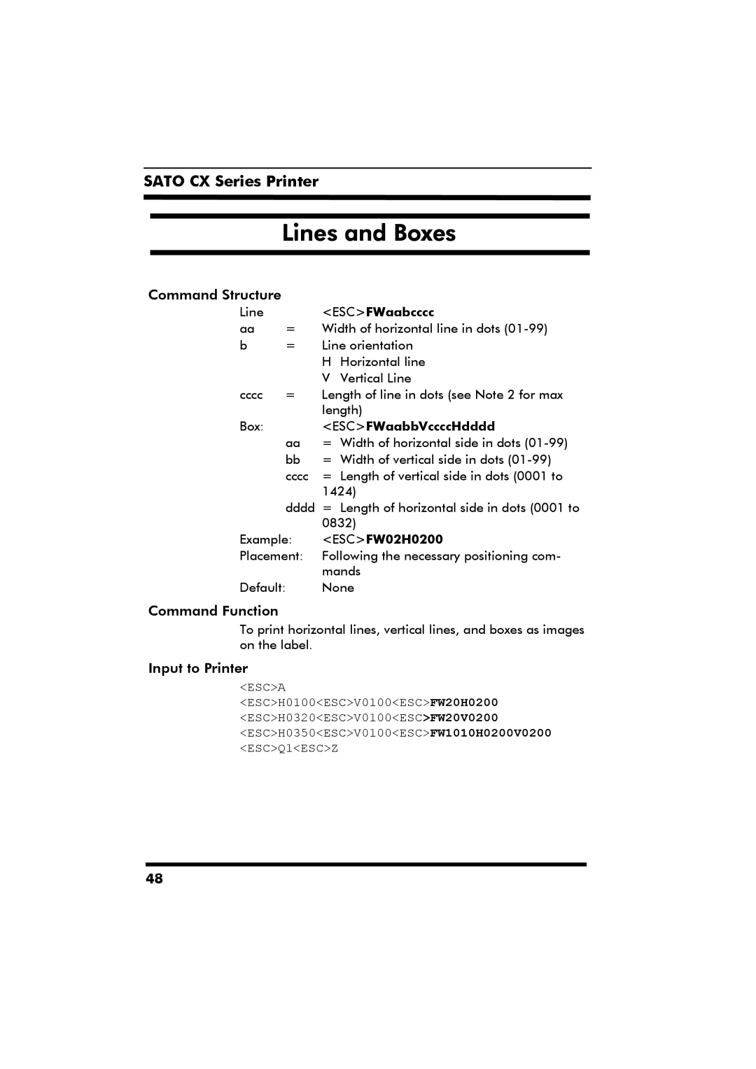 SATO CX Series manual Lines and Boxes, ESCFWaabcccc, Box ESCFWaabbVccccHdddd, ESCFW02H0200 