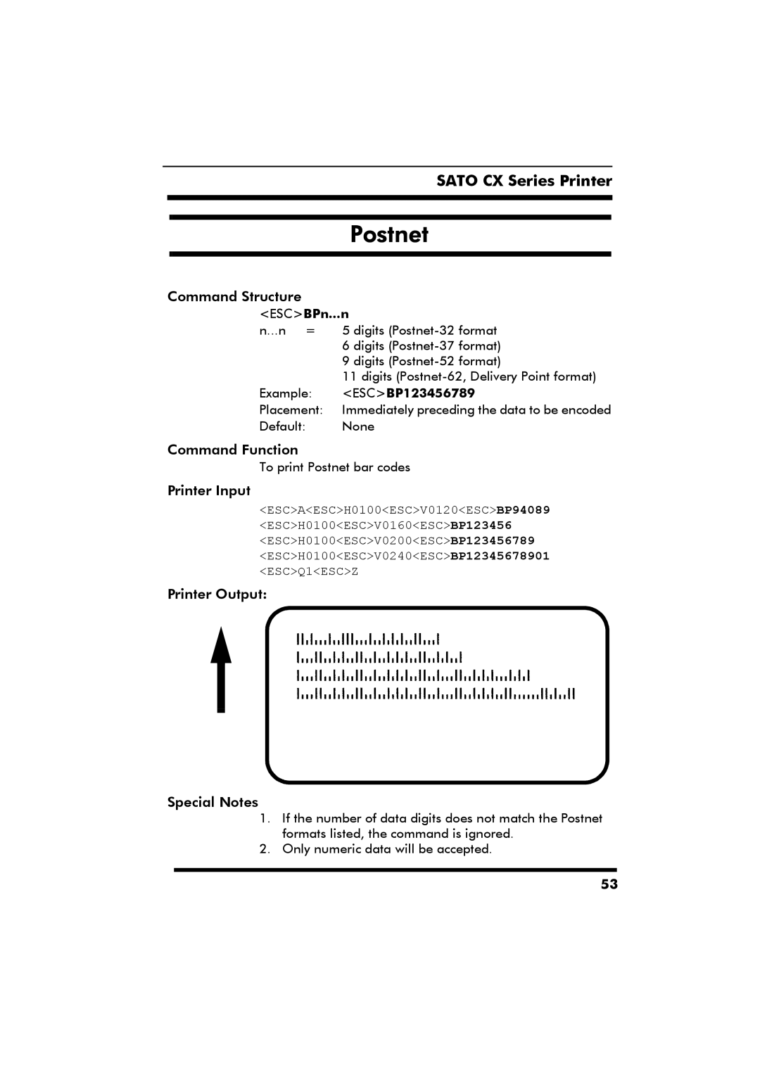 SATO CX Series manual Postnet, ESCBPn...n, ESCBP123456789 