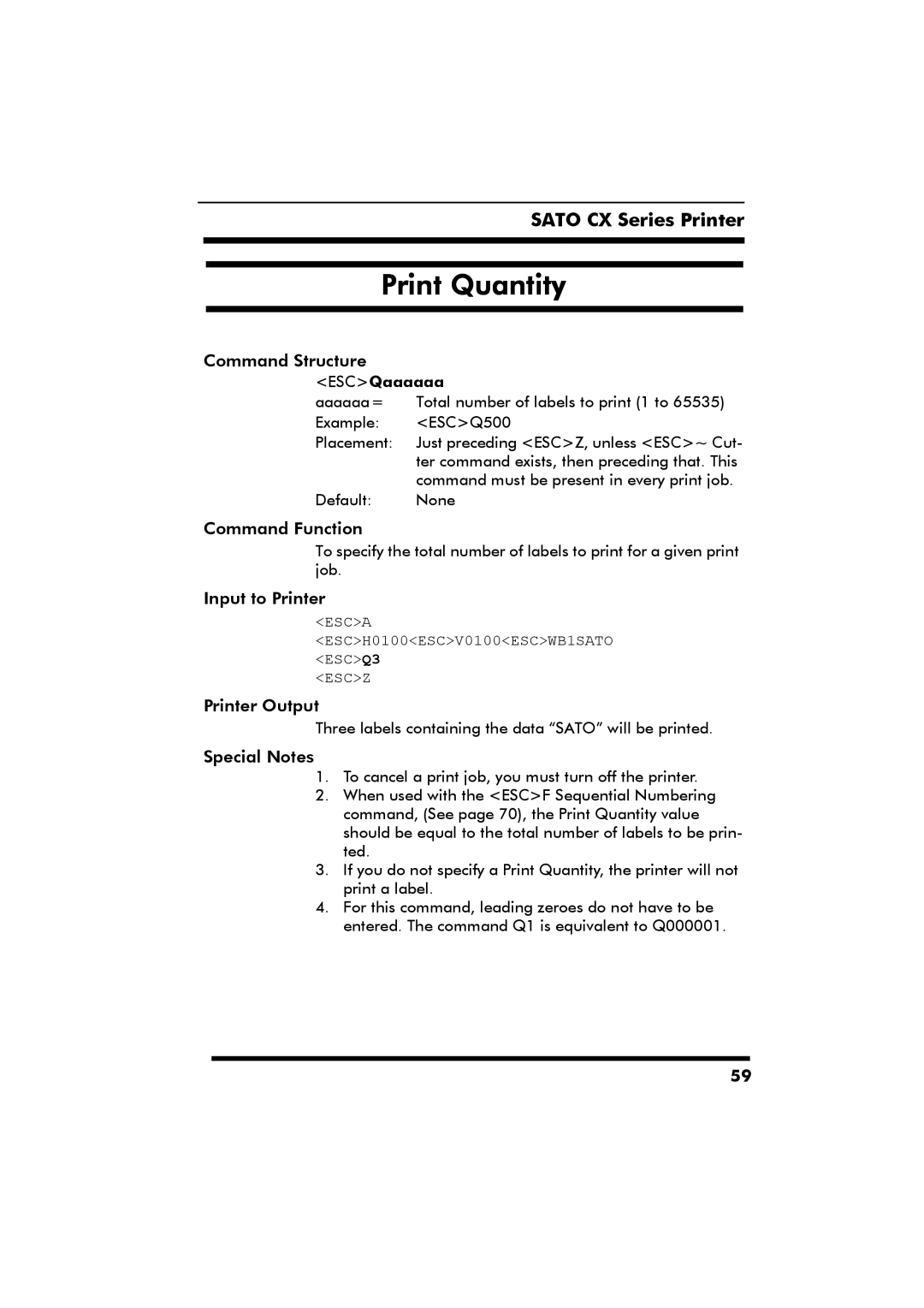 SATO CX Series manual Print Quantity, ESCQaaaaaa 