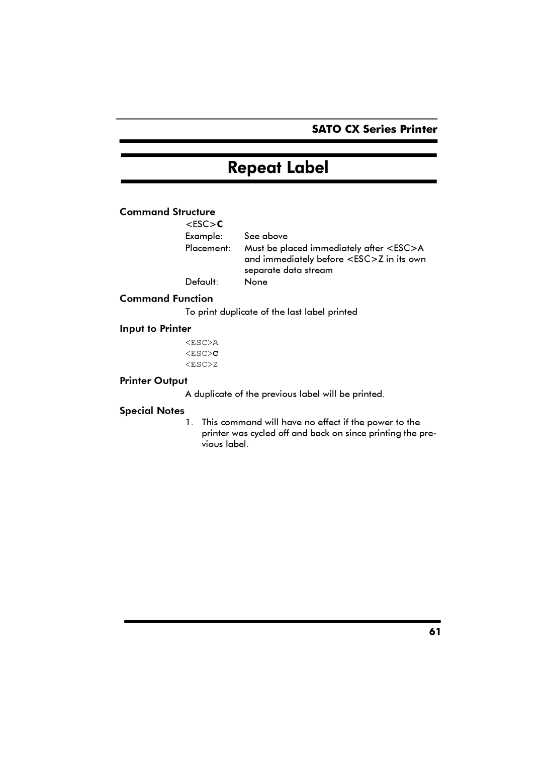 SATO CX Series manual Repeat Label, Escc 