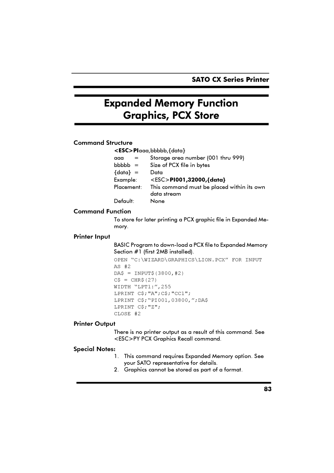 SATO CX Series manual Expanded Memory Function Graphics, PCX Store, ESCPI001,32000,data 