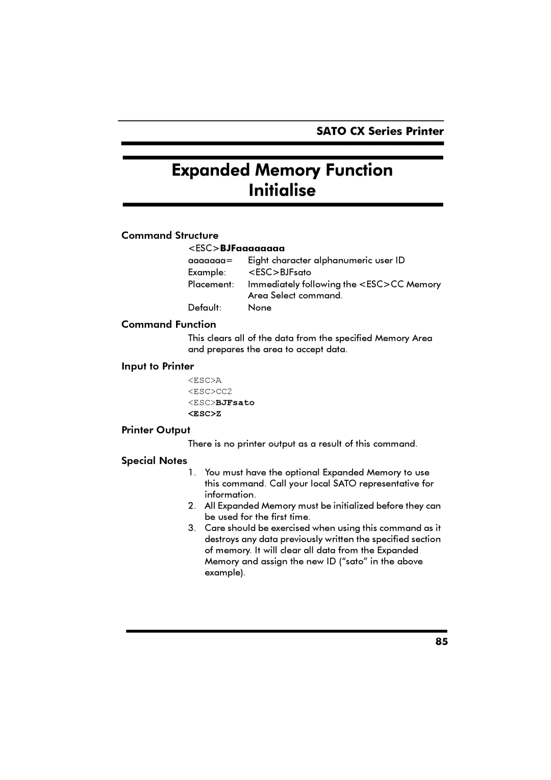 SATO CX Series manual Expanded Memory Function Initialise, ESCBJFaaaaaaaa 