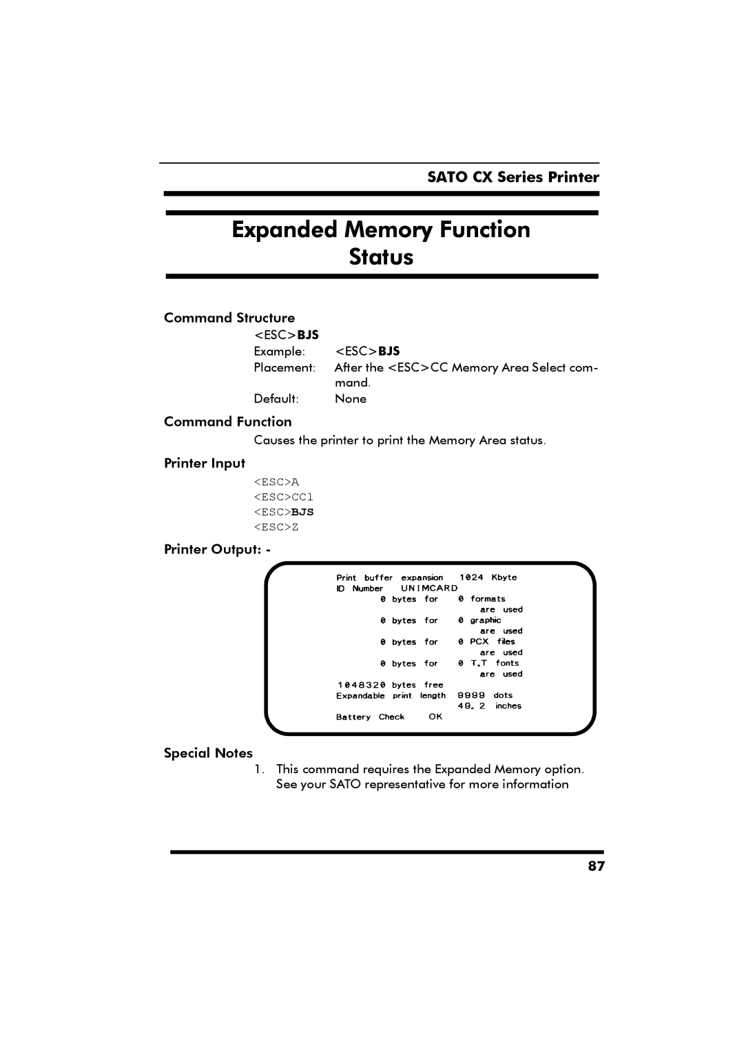 SATO CX Series manual Expanded Memory Function Status 