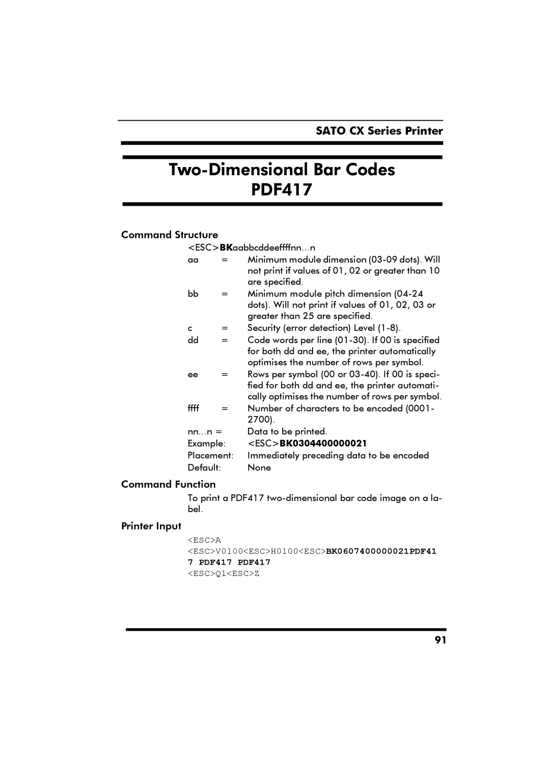 SATO CX Series manual Two-Dimensional Bar Codes, Example ESCBK0304400000021 