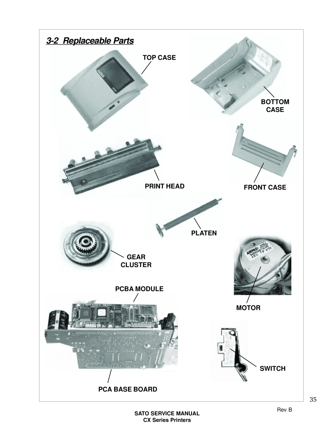 SATO CX200 Top Case Print Head Platen Platen Gear Cluster Pcba Module, Pca Base Board, Bottom Case Front Case Motor Switch 
