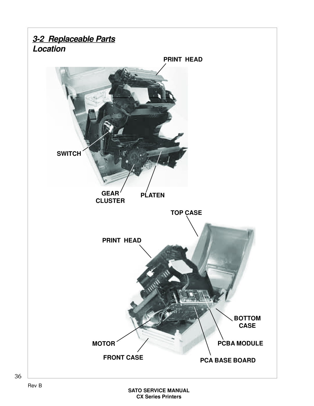 SATO CX200 Replaceable Parts Location, Print Head Switch Gear Platen Cluster Top Case Print Head, Bottom, Motor, Rev B 