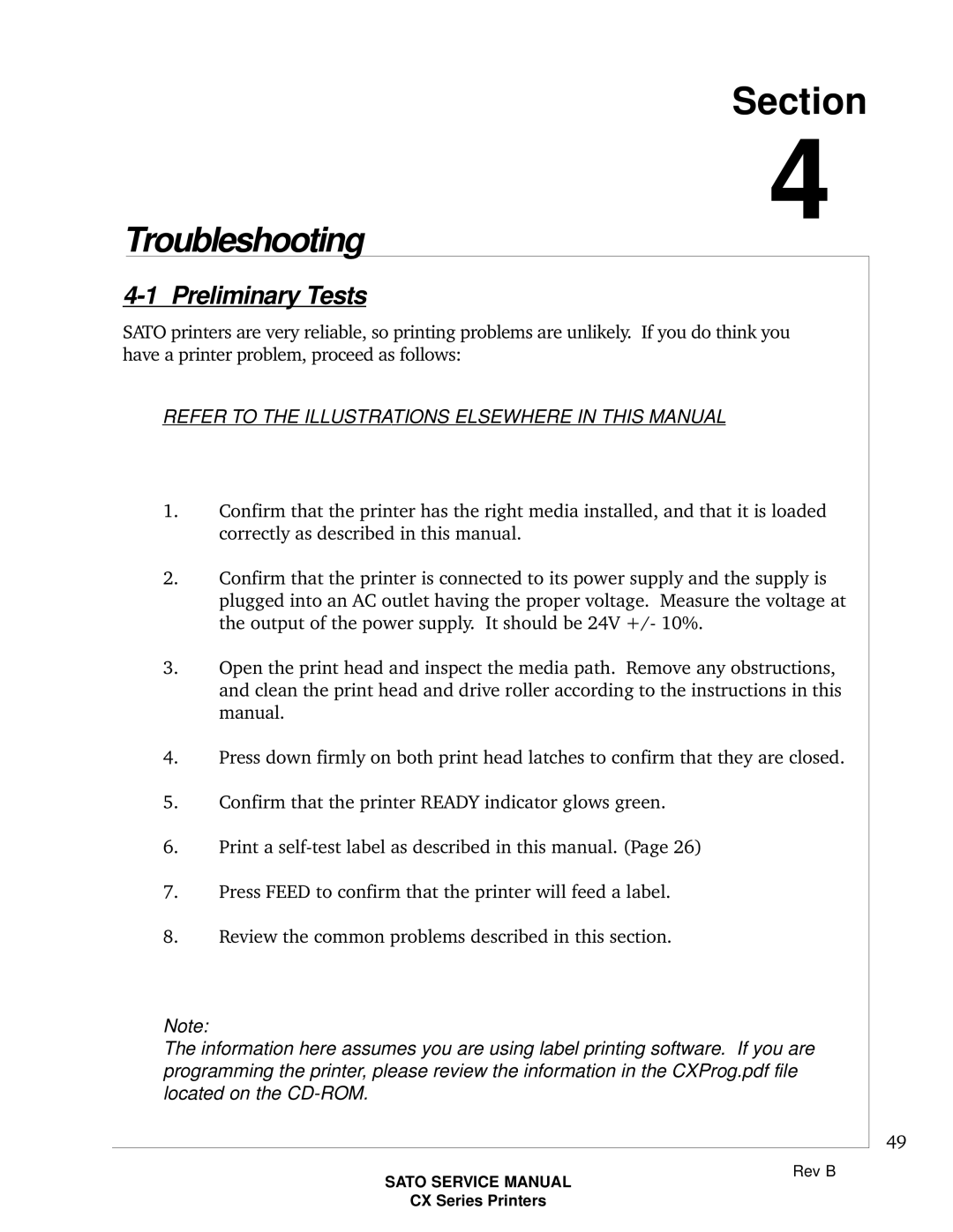 SATO CX200 manual Troubleshooting, Preliminary Tests, Refer To The Illustrations Elsewhere In This Manual, Section 
