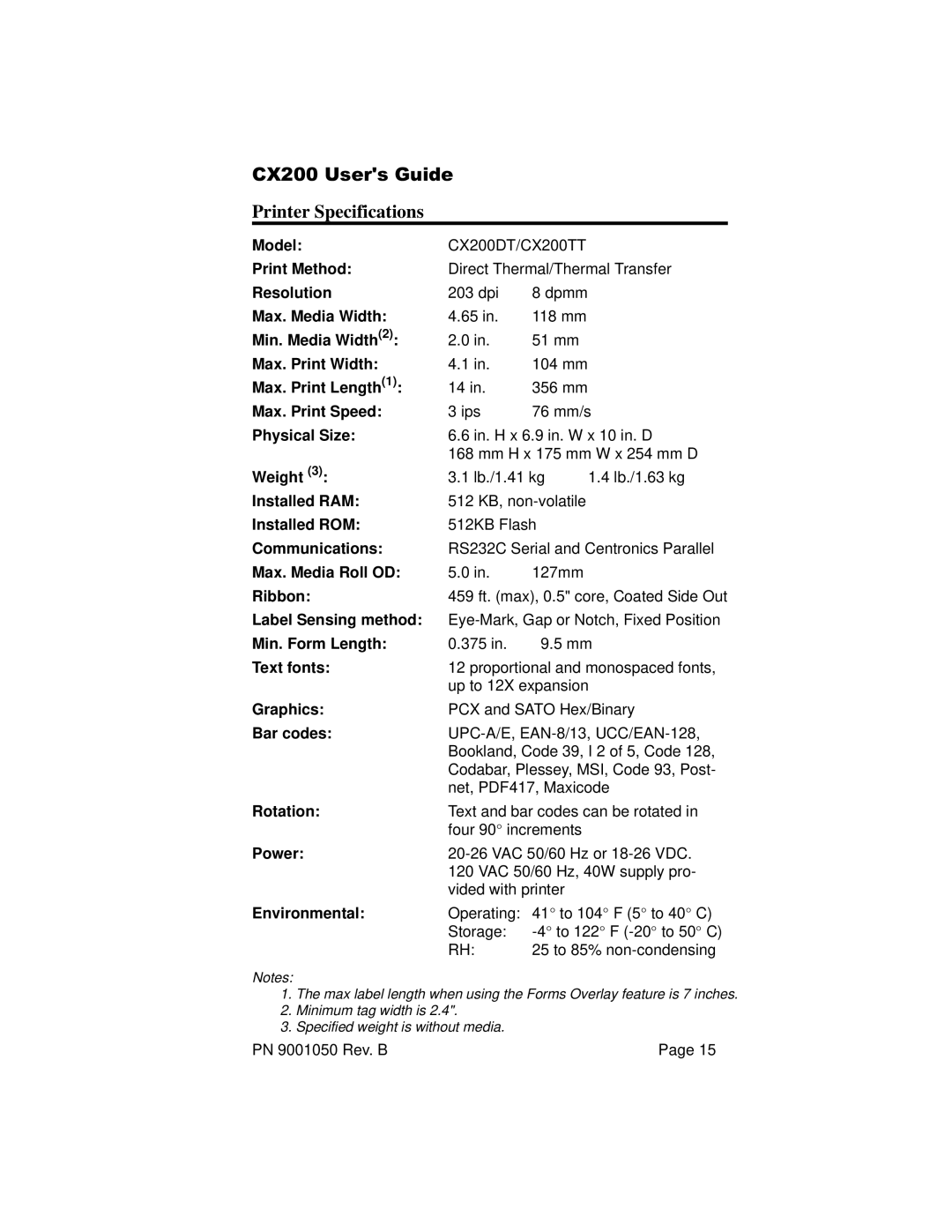 SATO manual Printer Specifications, CX200 Users Guide 