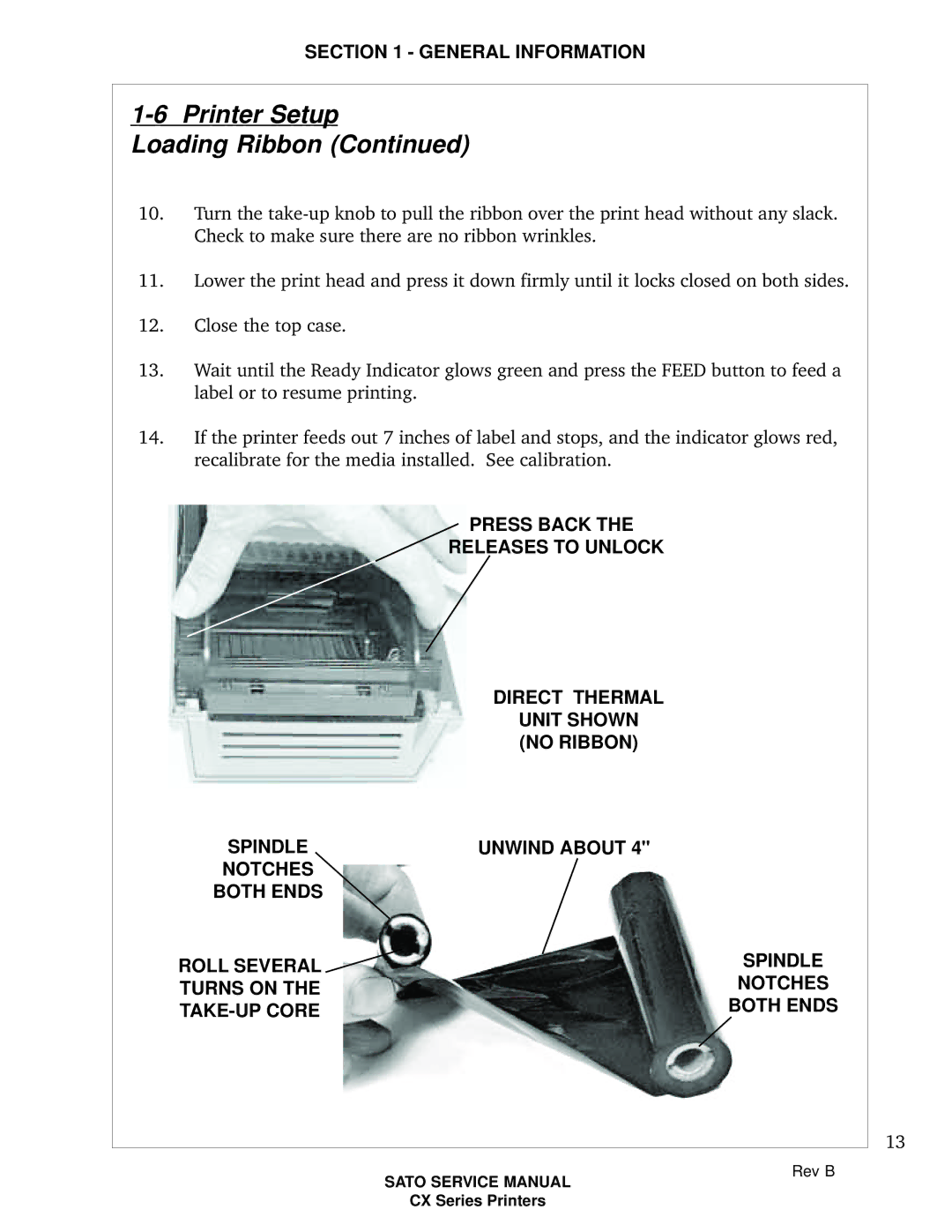 SATO CX200 manual Printer Setup Loading Ribbon 