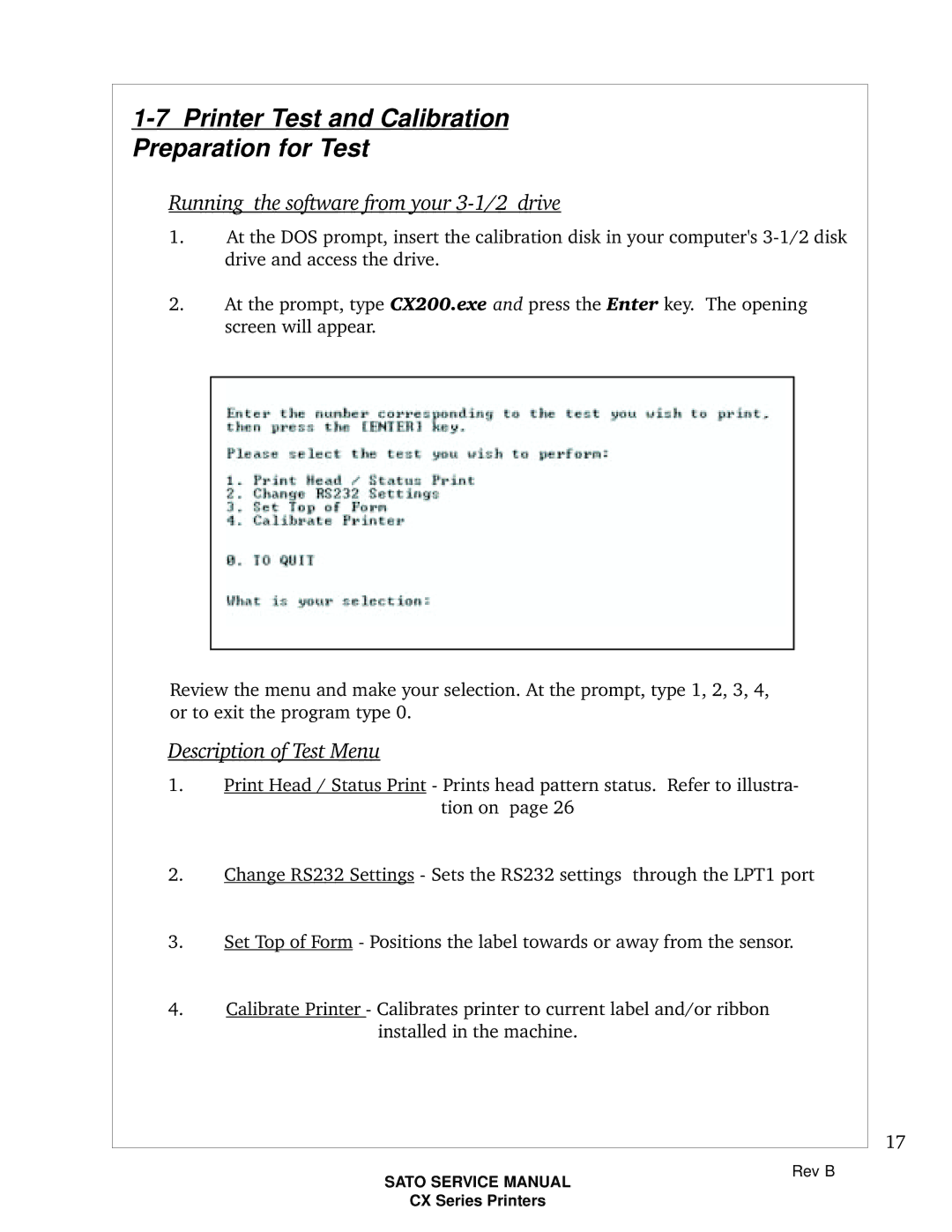 SATO CX200 manual Running the software from your 3-1/2 drive, Description of Test Menu 